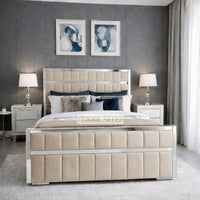 Naples Sand - Aurelius Linear Upholstered Designer Bed | Luxury Gold Frame Statement Bed