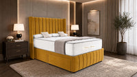 Plush Velvet Mustard Gold - Valentina Vertical Luxe Divan Bed – Channelled Statement Headboard & Storage