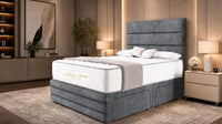 Plush Velvet Steel - Monaco Luxe Luxury Divan Bed – Premium Upholstered Panelled Headboard with Storage