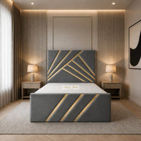 Plush Velvet Steel - Monaco Luxury Geometric Bed – Designer Upholstered Bed Frame with Metallic Inlay Detailing