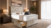 Crushed Velvet Gold - Aurelia Geometric Luxe Divan Bed with Statement Panelled Headboard & Storage