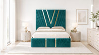Plush Velvet Teal - Monaco V-Line Luxury Geometric Ottoman Storage Bed