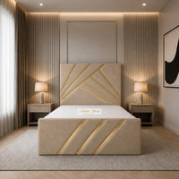 Plush Velvet Beige - Monaco Luxury Geometric Bed – Designer Upholstered Bed Frame with Metallic Inlay Detailing