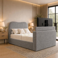 Plush Velvet Grey - Serene Luxury Curved TV Bed – Designer Upholstered Bed Frame with Integrated TV Footboard