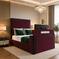 Plush Velvet Maroon - Claridge Luxury Framed TV Bed – Premium Upholstered Bed Frame with Integrated TV Footboard