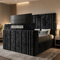 Crushed Velvet Black - Belgravia Luxury TV Bed – Statement Panel Upholstered Bed Frame with TV Footboard