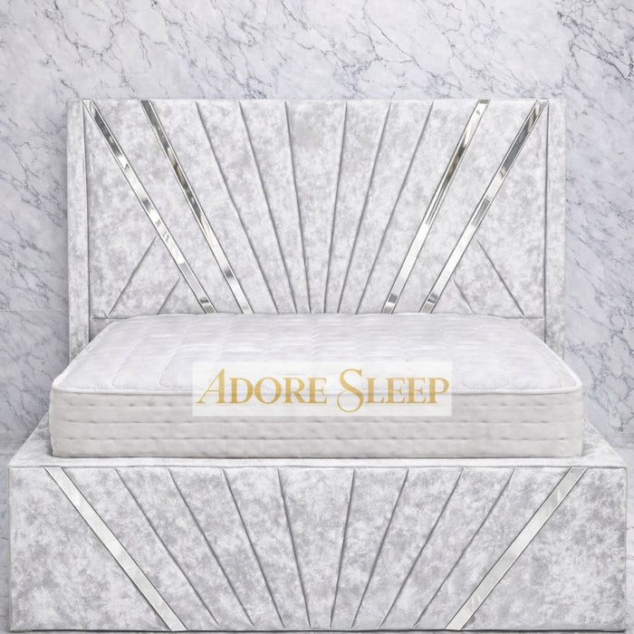 Crushed Velvet White - Bat Radiance Luxury Panel Bed Frame with Silver Strip – Upholstered