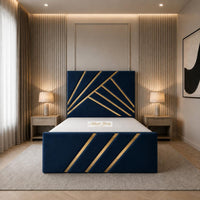Plush Velvet Sapphire - Monaco Luxury Geometric Bed – Designer Upholstered Bed Frame with Metallic Inlay Detailing