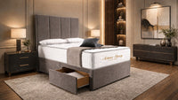Naples Slate Grey - Kensington Grande Luxury Divan Bed – Premium Upholstered Bed Frame with Tall Vertical Panel Headboard