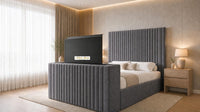 Naples Slate Grey - Montreux Luxury Fluted TV Bed – Premium Upholstered Bed Frame with Integrated TV Footboard