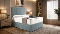Plush Velvet Duck Egg - Kensington Grande Luxury Divan Bed – Premium Upholstered Bed Frame with Tall Vertical Panel Headboard