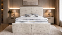 Naples Cream - Valentina Luxury Chevron Panel Bed – Designer Upholstered Bed Frame with Statement Headboard & Footboard