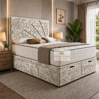 Crushed Velvet Cream - Meridian Abstract Geometry Ottoman Divan Bed | Luxury Hydraulic Storage Bed Frame