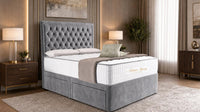 Plush Velvet Steel - Regency Chesterfield Luxe Divan Bed with Storage – Deep Buttoned Upholstered Bed Frame