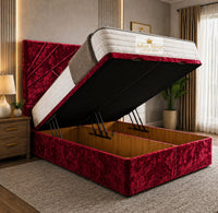 Crushed Velvet Red - Meridian Abstract Geometry Ottoman Divan Bed | Luxury Hydraulic Storage Bed Frame