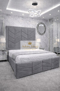 Plush Velvet Grey - Valencia Royale Luxury Upholstered Bed – Geometric Chevron Panel Headboard & Statement Footboard