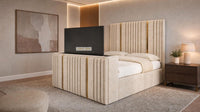 Plush Velvet Beige - Kensington Luxury Fluted TV Bed with Metallic Accents – Premium Upholstered TV Bed Frame