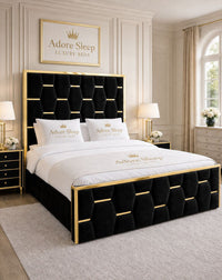 Plush Velvet Black - Sovereign Geometric Upholstered Designer Bed | Luxury Gold Trim Bed Frame