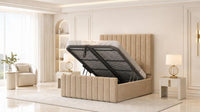 Plush Velvet Beige - Langham Column Luxury Panelled Ottoman Storage Bed