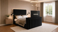 Plush Velvet Black - Carlton Luxury Panelled TV Bed – Premium Upholstered Bed Frame with Integrated TV Footboard