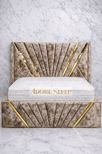 Crushed Velvet Mink - Bat Luxury Panel Bed Frame with Gold Strip – Upholstered