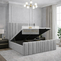 Naples Silver - Valmont Luxe Ottoman Divan Bed Frame – Luxury Upholstered Storage Bed with Statement Panelled Headboard