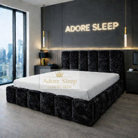 Crushed Velvet Black - Savoy Aurelia Luxury Upholstered Bed Frame – Sculpted Panel Statement Bed