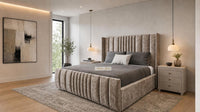 Crushed Velvet Mink - Mayfair Luxury Panelled Bed – Premium Upholstered Bed Frame with Statement Headboard & Footboard