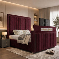 Plush Velvet Maroon - Savoy Luxury Piped Panel TV Bed – Designer Upholstered Bed Frame with Integrated TV Footboard