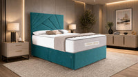 Plush Velvet Teal - Aurelia Geometric Luxe Divan Bed with Statement Panelled Headboard & Storage