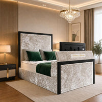 Crushed Velvet Champagne - Claridge Luxury Framed TV Bed – Premium Upholstered Bed Frame with Integrated TV Footboard