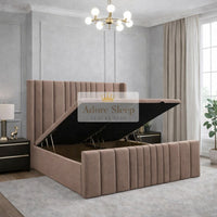 Naples Mink - Valmont Luxe Ottoman Divan Bed Frame – Luxury Upholstered Storage Bed with Statement Panelled Headboard