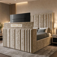 Crushed Velvet Gold - Belgravia Luxury TV Bed – Statement Panel Upholstered Bed Frame with TV Footboard