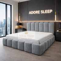 Plush Velvet Steel - Savoy Aurelia Luxury Upholstered Bed Frame – Sculpted Panel Statement Bed