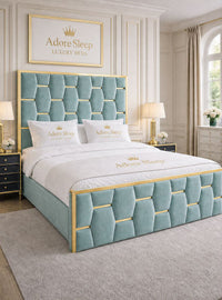 Plush Velvet Duck Egg - Sovereign Geometric Upholstered Designer Bed | Luxury Gold Trim Bed Frame
