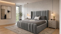 Plush Velvet Steel - Mayfair Luxury Panelled Bed – Premium Upholstered Bed Frame with Statement Headboard & Footboard
