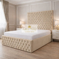 Plush Velvet Beige - Sovereign Élan Luxury Upholstered Bed – Deep Button-Tufted Headboard & Padded Statement Frame