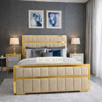 Naples Sand - Aurelius Linear Upholstered Designer Bed | Luxury Gold Frame Statement Bed