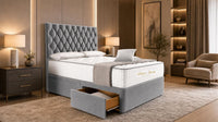 Plush Velvet Steel - Regency Diamond Luxury Divan Bed – Deep Button-Tufted Headboard with Premium Upholstered Frame & Storage