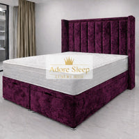 Crushed Velvet Aubergine - Grand Elysee Luxury Panelled Upholstered Bed Frame with Divan Ottoman Storage