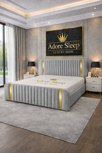 Naples Silver - Spencer Luxury Curved Fluted Bed Frame with Gold Strip – Upholstered