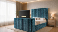 Crushed Velvet Teal - Montreux Luxury Fluted TV Bed – Premium Upholstered Bed Frame with Integrated TV Footboard