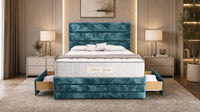 Crushed Velvet Teal - Monaco Luxe Luxury Divan Bed – Premium Upholstered Panelled Headboard with Storage