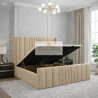Naples Beige - Valmont Luxe Ottoman Divan Bed Frame – Luxury Upholstered Storage Bed with Statement Panelled Headboard