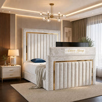 Crushed Velvet White - Kensington Luxury TV Bed – Upholstered Bed Frame with Statement Panel Headboard & TV Footboard