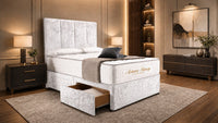 Crushed Velvet White - Kensington Grande Luxury Divan Bed – Premium Upholstered Bed Frame with Tall Vertical Panel Headboard