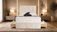 Crushed Velvet Cream - Kensington Grande Luxury Divan Bed – Premium Upholstered Bed Frame with Tall Vertical Panel Headboard
