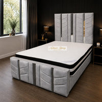 Plush Velvet Silver - Chevronne Luxury Chevron Panel Bed – Designer Upholstered Bed Frame with Metallic Inlay Detailing
