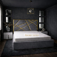 Plush Velvet Grey - Knightsbridge Regal Mosaic Luxury Panel Bed Frame with Gold Strip – Upholstered