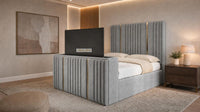 Plush Velvet Steel - Kensington Luxury Fluted TV Bed with Metallic Accents – Premium Upholstered TV Bed Frame